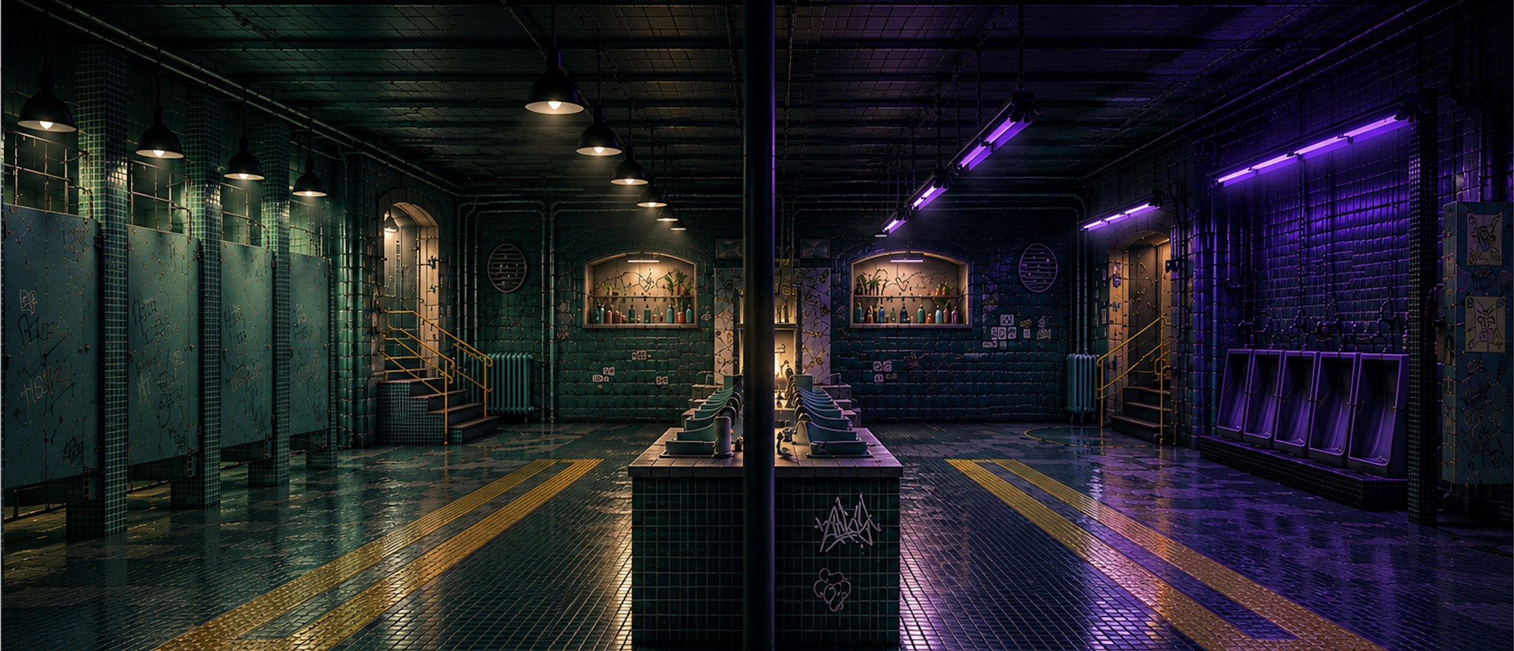 The underground washroom, empty