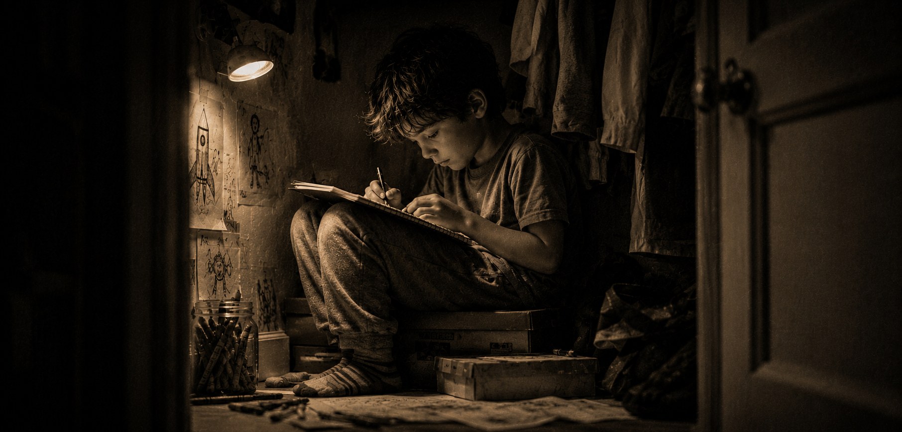 Leonard as a child, drawing in a closet