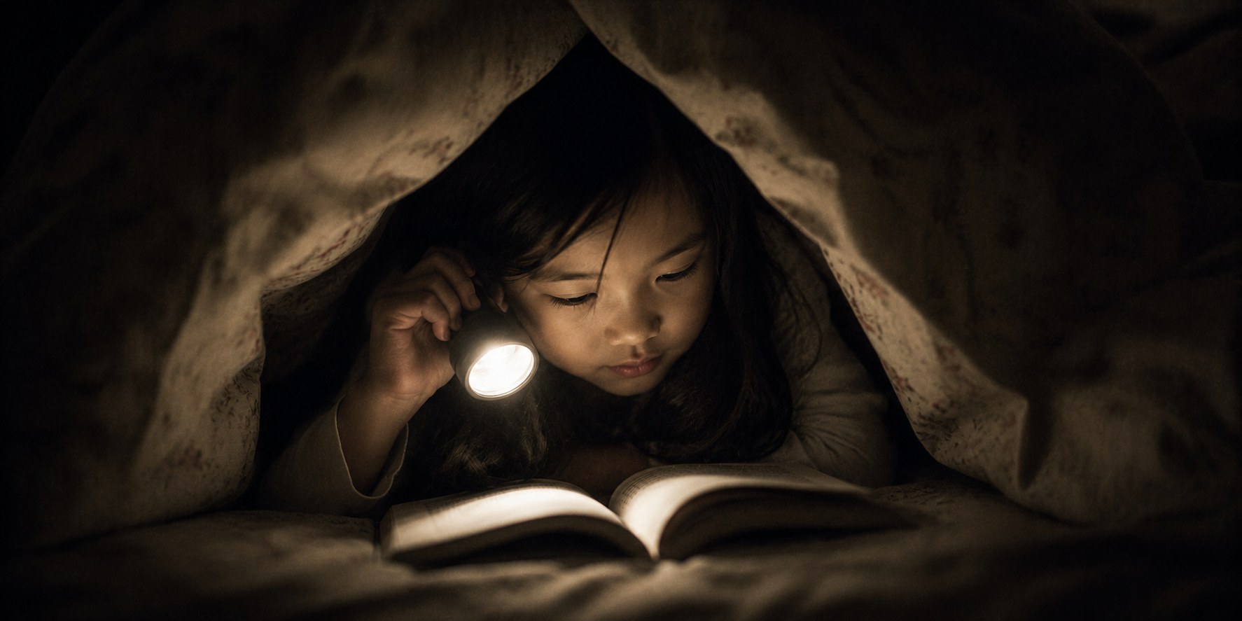 Lena as a child, reading by flashlight